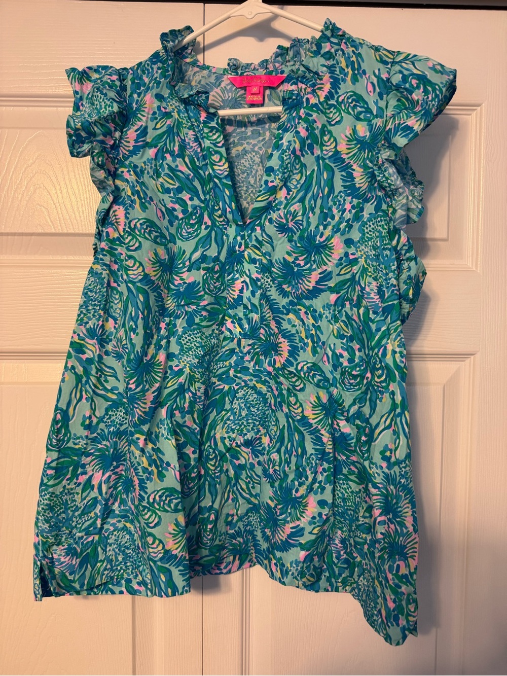 Lilly Pulitzer Teal & Pink Floral Ruffle Tank Top